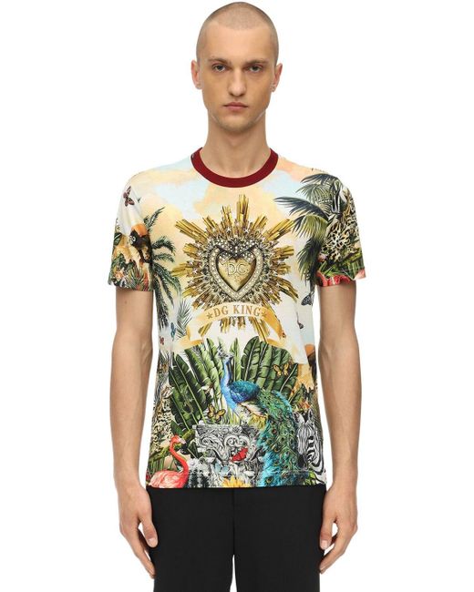 T-Shirt In Cotone Stampa Tropical King di Dolce & Gabbana in Multicolor da Uomo