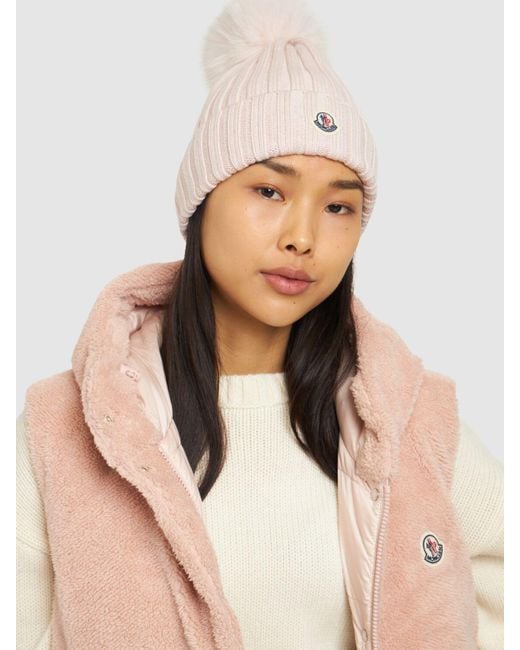 Moncler ロゴ エクストラファインウール ポンポンビーニー Pink