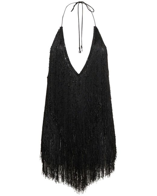 ROTATE BIRGER CHRISTENSEN Black Sequin-embellished Fringed Minidress