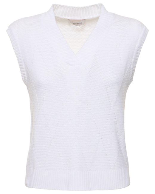 Max Mara White Zebio Cotton Knit V Neck Vest
