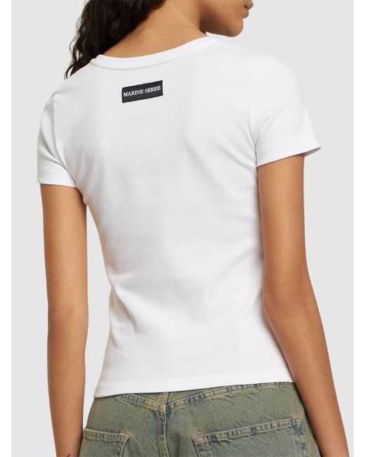 MARINE SERRE White Geripptes T-Shirt mit Logo-Stickerei