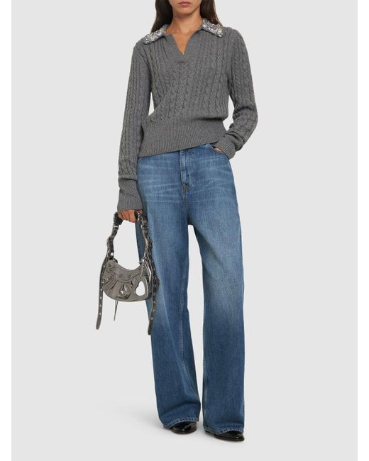 Des Phemmes Gray Embellished Cable Knit Polo Sweater