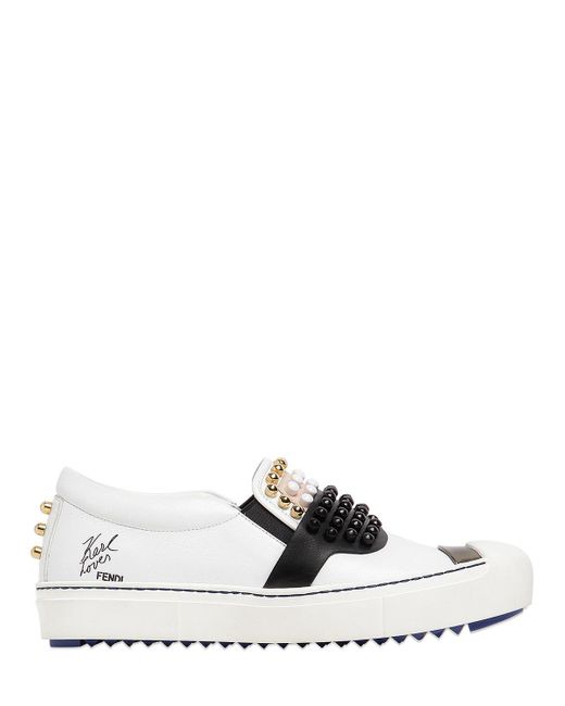 Fendi White Karl Studded Leather Slip-on Sneakers