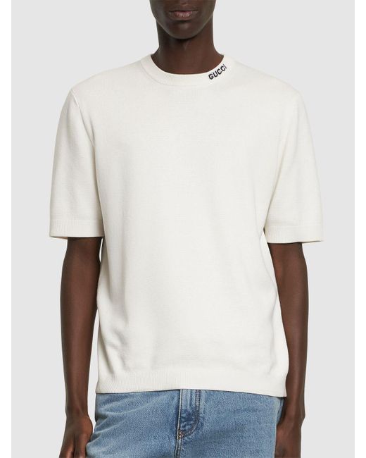 T-shirt en coton et soie intarsia à logo Gucci pour homme en coloris White