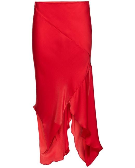 Acne Red Draped Silk Asymmetric Midi Skirt