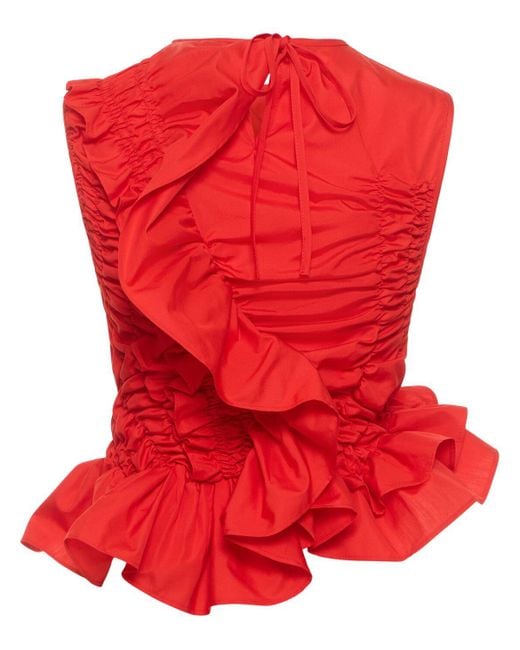 CECILIE BAHNSEN Red Geo Cotton Ruffled Sleeveless Top