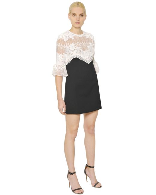 Womens Round Neck Elbow-length Sleeve Lace Dress, Contrasting Lace Dress With Openwork Details Black