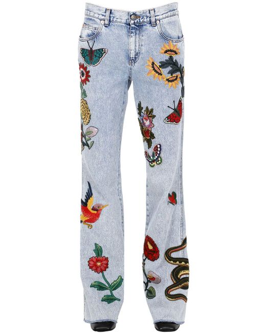 Gucci Blue Flared Embroidered Patches Denim Jeans