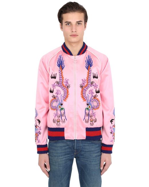 Gucci Pink Embroidered Silk Satin Duchesse Bomber Jacket for men