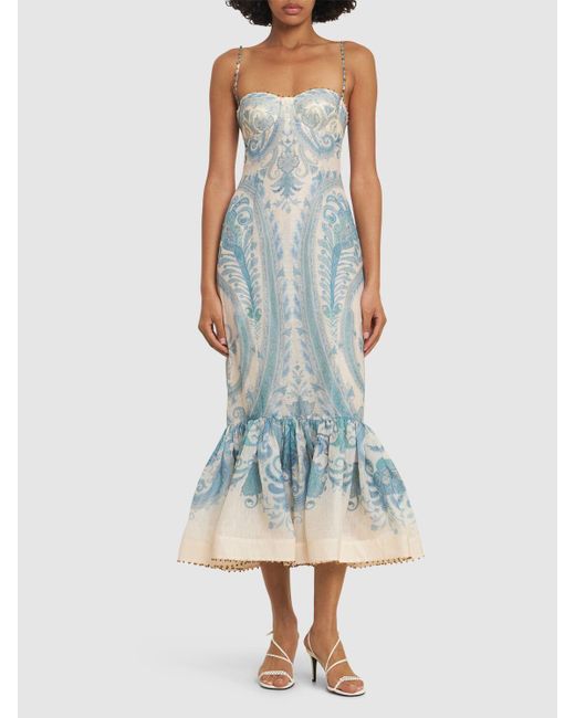 Zimmermann Blue Illuminate Printed Linen & Silk Gown