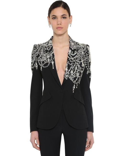 Alexander McQueen Black Crystal Embellished Single Breasted Crepe Blazer