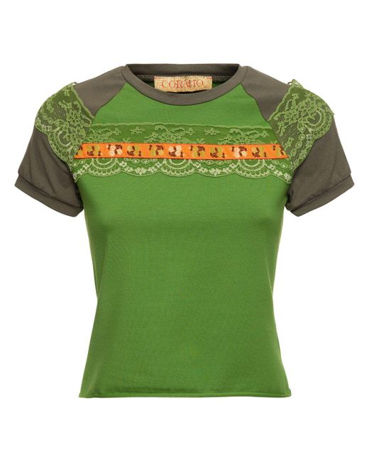 Cormio Green Raglan-t-shirt Aus Baumwolljersey Mit Spitze