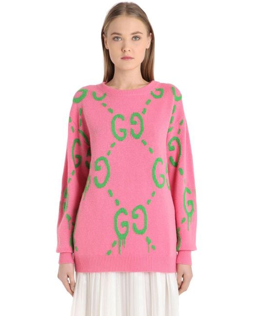 Gucci Pink Intarsia Gg Logo Wool Sweater