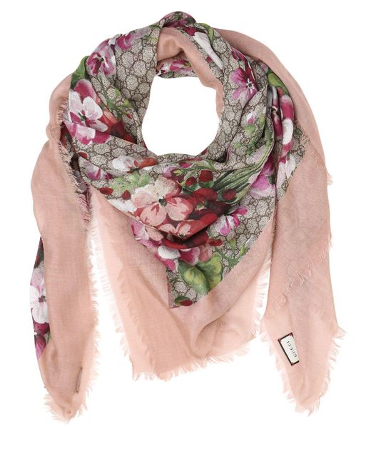 Gucci Pink Blooms Print Gg Supreme Scarf