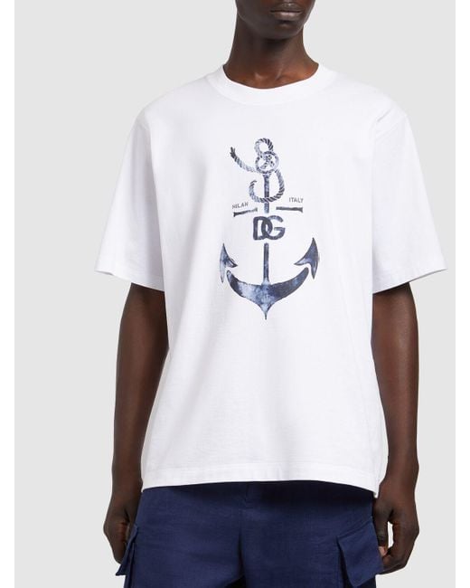 Dolce & Gabbana White Anchor Printed Cotton Jersey T-Shirt for men