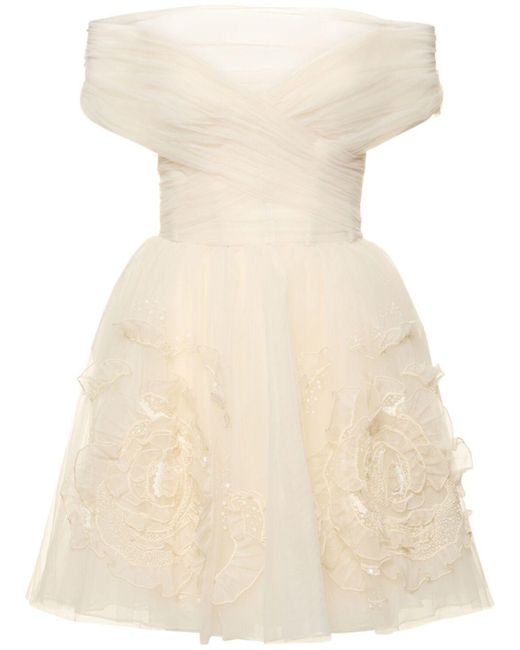 Zuhair Murad Natural Embroidered Tulle Mini Corset Dress