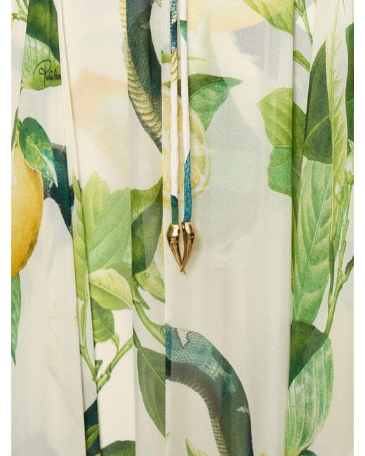 Roberto Cavalli Green Printed Silk Chiffon Self-Tie Maxi Dress