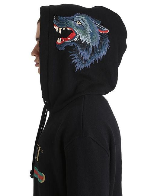 tvetydig grill Forstærker Gucci Wolf Patches Hooded Cotton Sweatshirt in Black for Men | Lyst