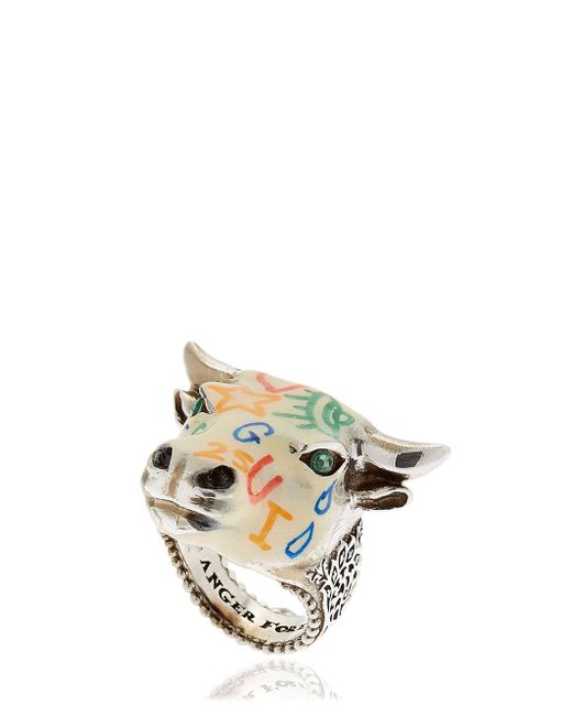 Gucci Metallic Angry Forest Cow Head Silver Ring