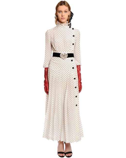 Alessandra Rich White Polka Dot Pleated Crepe De Chine Dress