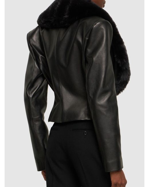 Magda Butrym Black Leather Detachable Fur Collar Jacket