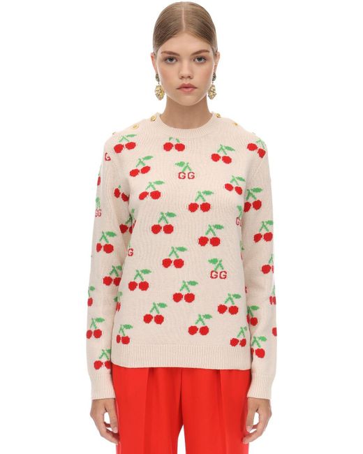Gucci Gg & Cherry Intarsia Wool Knit Sweater | Lyst