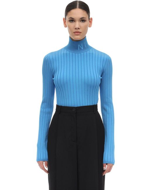 Nina Ricci Blue Logo Viscose Knit Turtleneck Sweater
