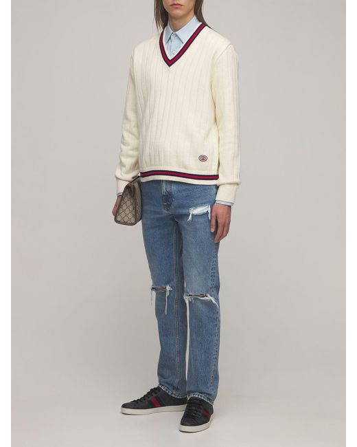 Gucci Cotton Knit V-neck Sweater W/ Web 