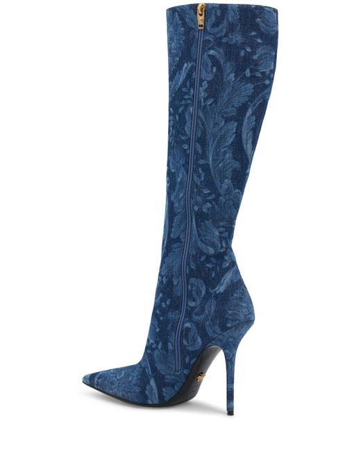 Versace Blue 110mm Hohe Stiefel Aus Denim Mit Druck