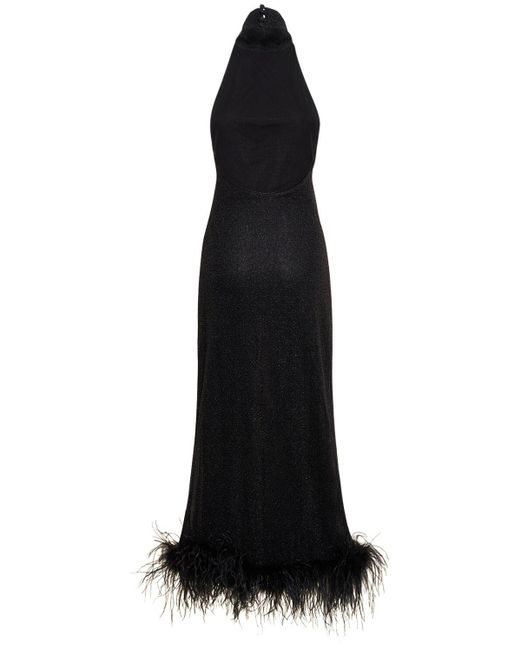 Oseree Black Lumière Lurex Long Dress W/ Feathers