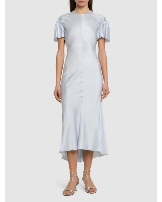 Victoria Beckham White Gathered Sleeve Viscose Blend Midi Dress