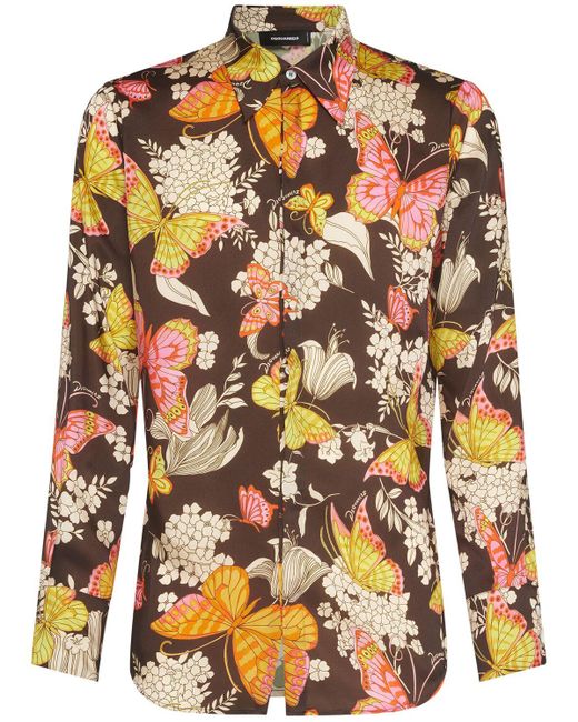 DSquared² Orange Butterfly Printed Shirt for men