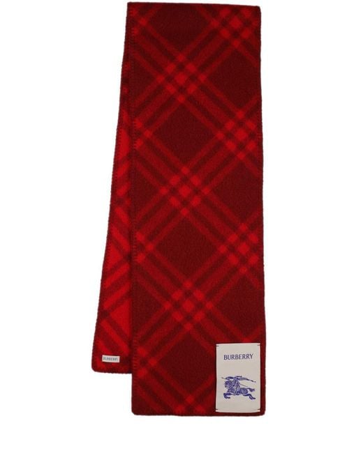 Burberry Red Check Wool Scarf W/ Logo