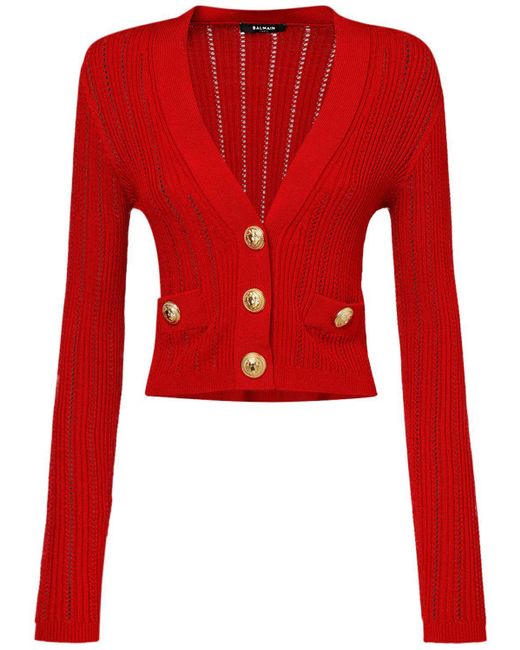 Balmain Red Cropped Knit Viscose Cardigan