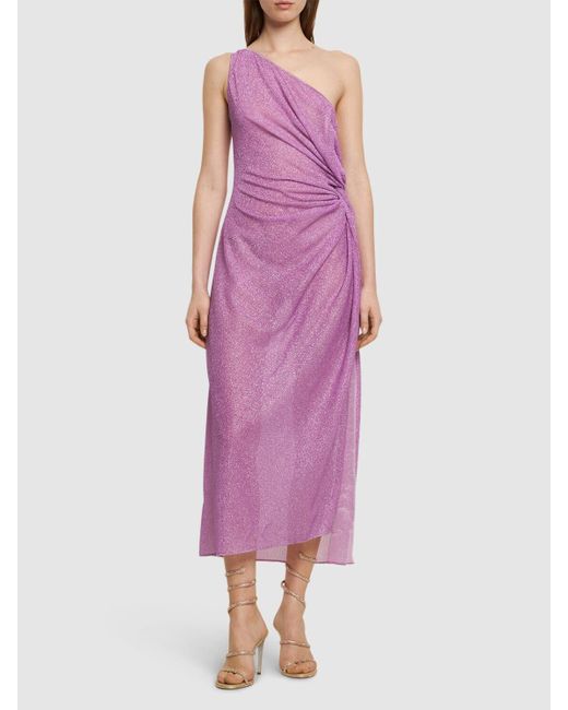 Oseree Purple Lumière Lamé Midi Dress W/knot