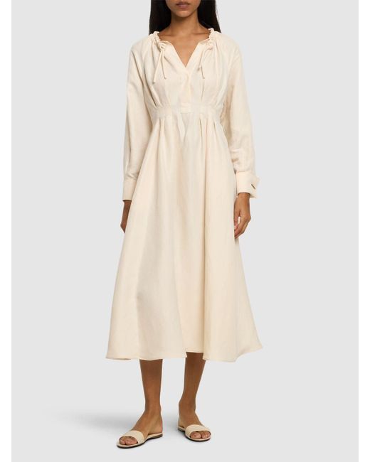 MAXMARA アウトレット●DRINA プリーツ入りリネン×シルクドレス Max Maraアウトレット「DRINA」リネンシルク フレアドレス (Max