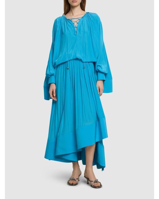 Lanvin Blue Flared Satin High Waist Midi Skirt