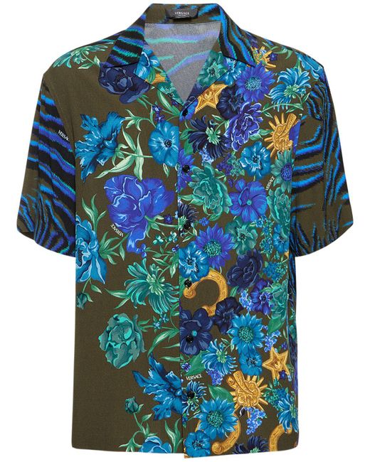 Camicia in viscosa stampata di Versace in Blue da Uomo