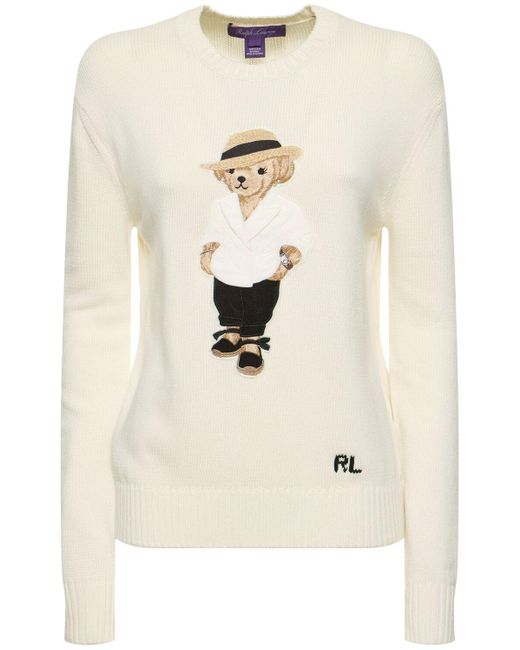 Ralph Lauren Collection Natural Cotton Jersey Crewneck Sweater W/ Bear