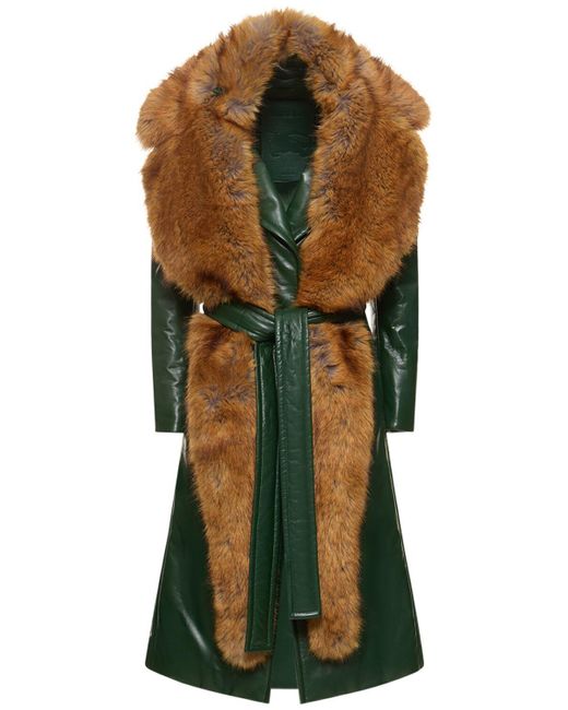 Burberry Green Mantel aus Leder mit Faux Fur