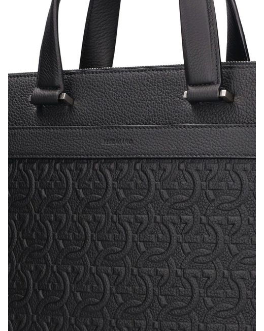 Ferragamo Black Logo Embossed Leather Briefcase for men