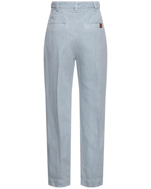 Brunello Cucinelli Blue Cotton & Linen Wide Pants