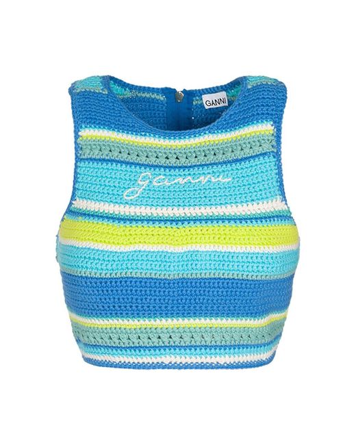 Ganni Blue Crochet Racerback Cotton Knit Bikini Top