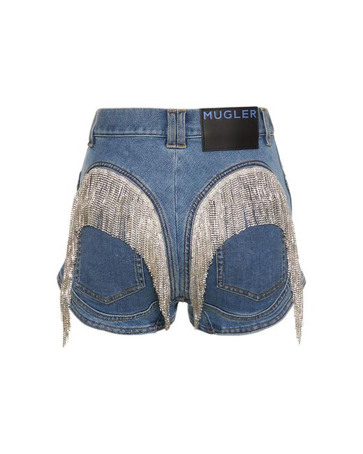 Mugler Blue Embellished Fringe Denim Mini Shorts