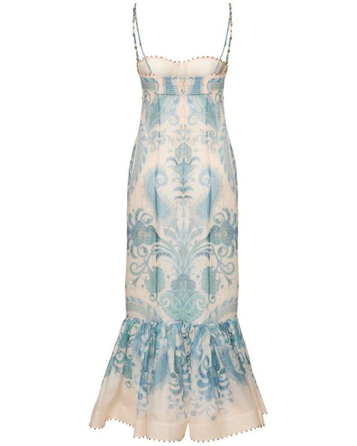 Zimmermann Blue Illuminate Printed Linen & Silk Gown