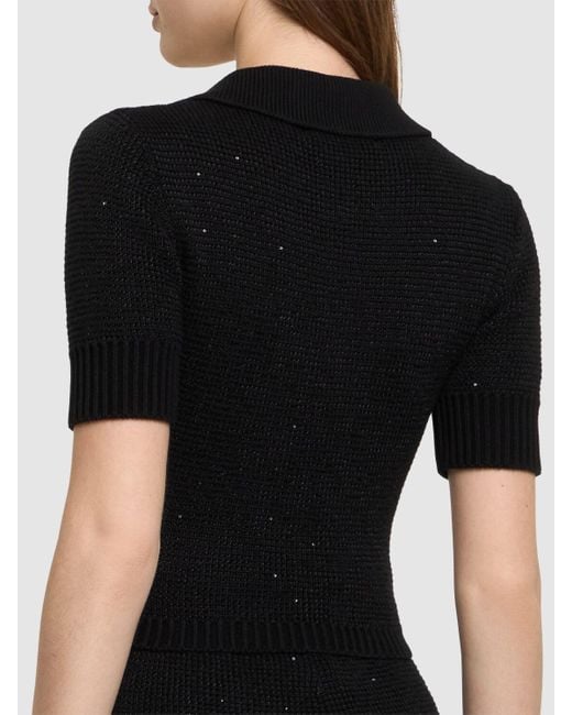 Alessandra Rich Black Sequined Cotton Blend Knit Polo W/ Zip