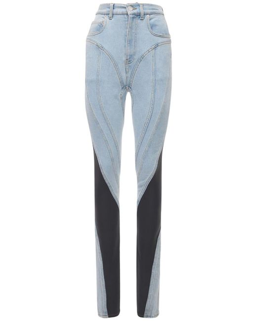 Mugler Blue High Rise Stretch Denim & Jersey Jeans