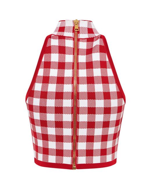 Balmain Red Check Knit High Neck Cropped Vest