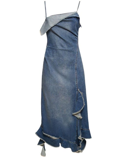 Acne Blue Ruffled Denim Self-tie Midi Dress