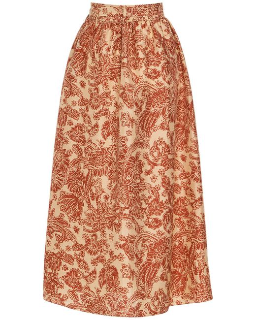 Loro Piana Orange Leah Printed Silk Flared Midi Skirt